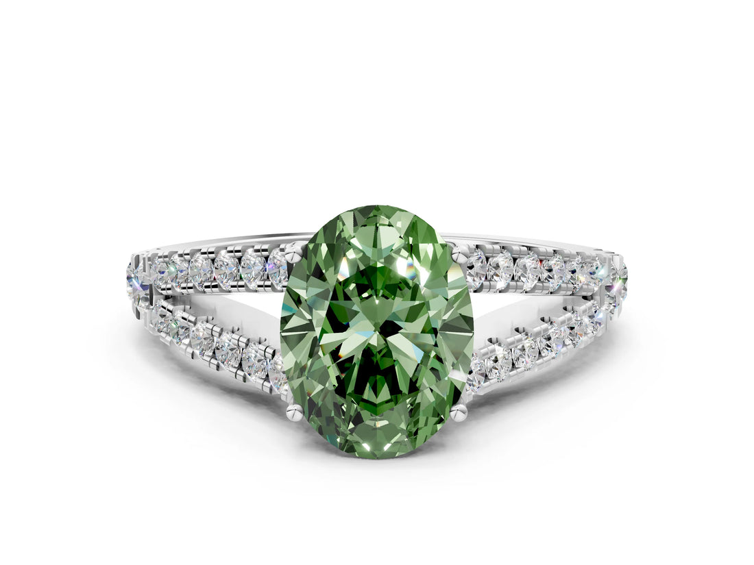 White gold Fancy Green Oval Cut Diamond Split Shank Pavé Engagement Ring with Four-Prong Setting_88