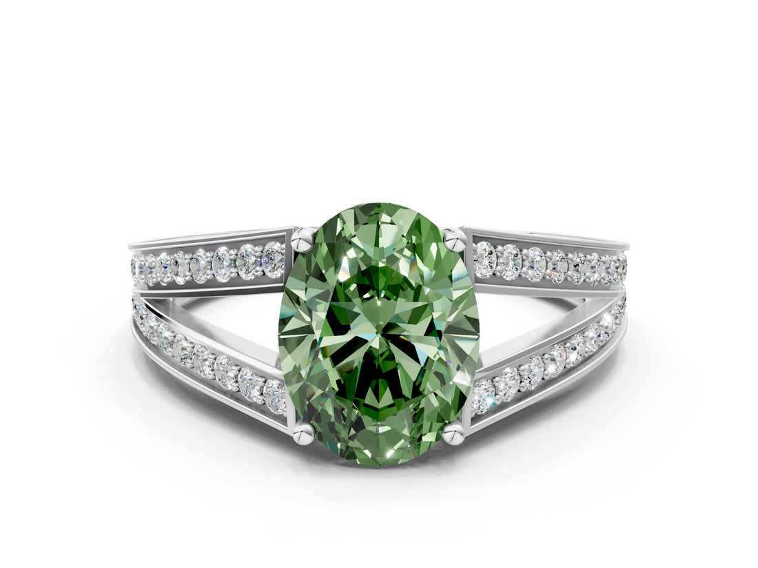 White gold Fancy Green Oval Cut Diamond Split Shank Ring with Pavé Band and Four-Prong Setting_40