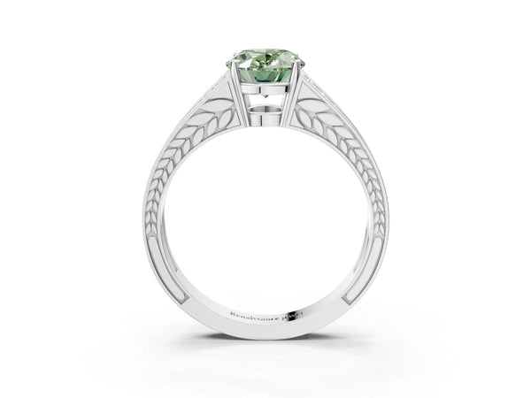Platinum Oval Pave Split Shank Engagement Ring Setting for Fancy Green Center with Engraved Sides