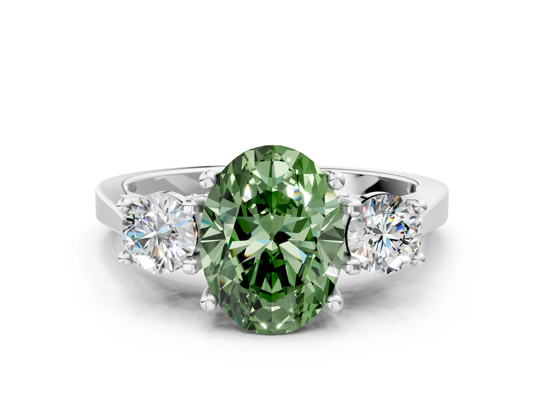 White gold Fancy Green Oval Cut Diamond Three-Stone Engagement Ring with Prong Setting and Pavé Band