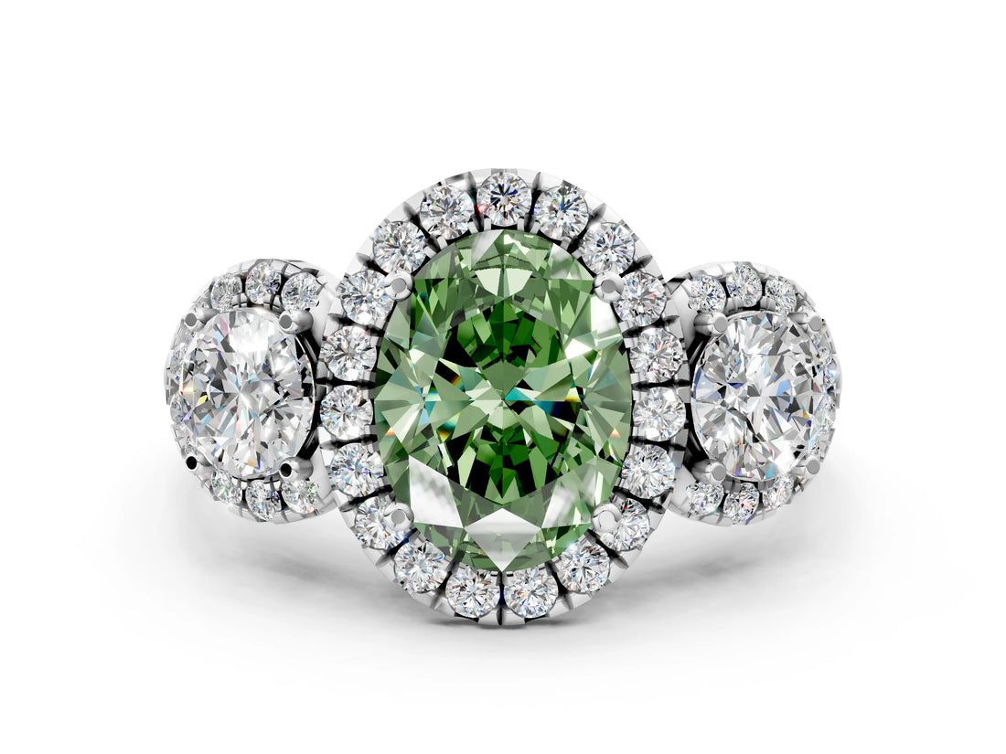 White gold Fancy Green Oval Cut Diamond Three-Stone Halo Ring with Prong Setting and Pavé Accents