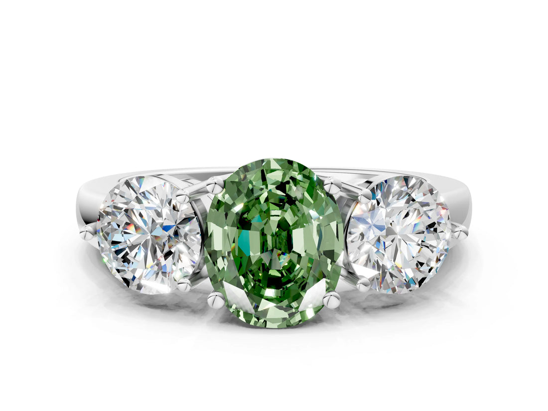 White gold Fancy Green Oval Cut Diamond Three-Stone Ring with Prong Setting and Classic Band_116