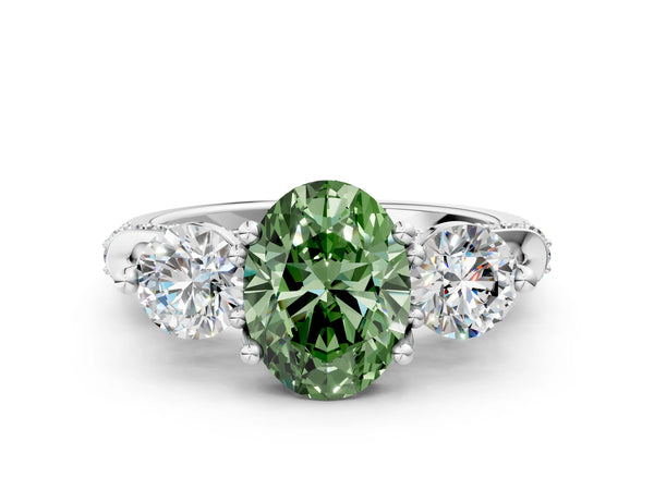 White Gold Oval Curved Pave Three Stone Engagement Ring Setting for Fancy Green Center