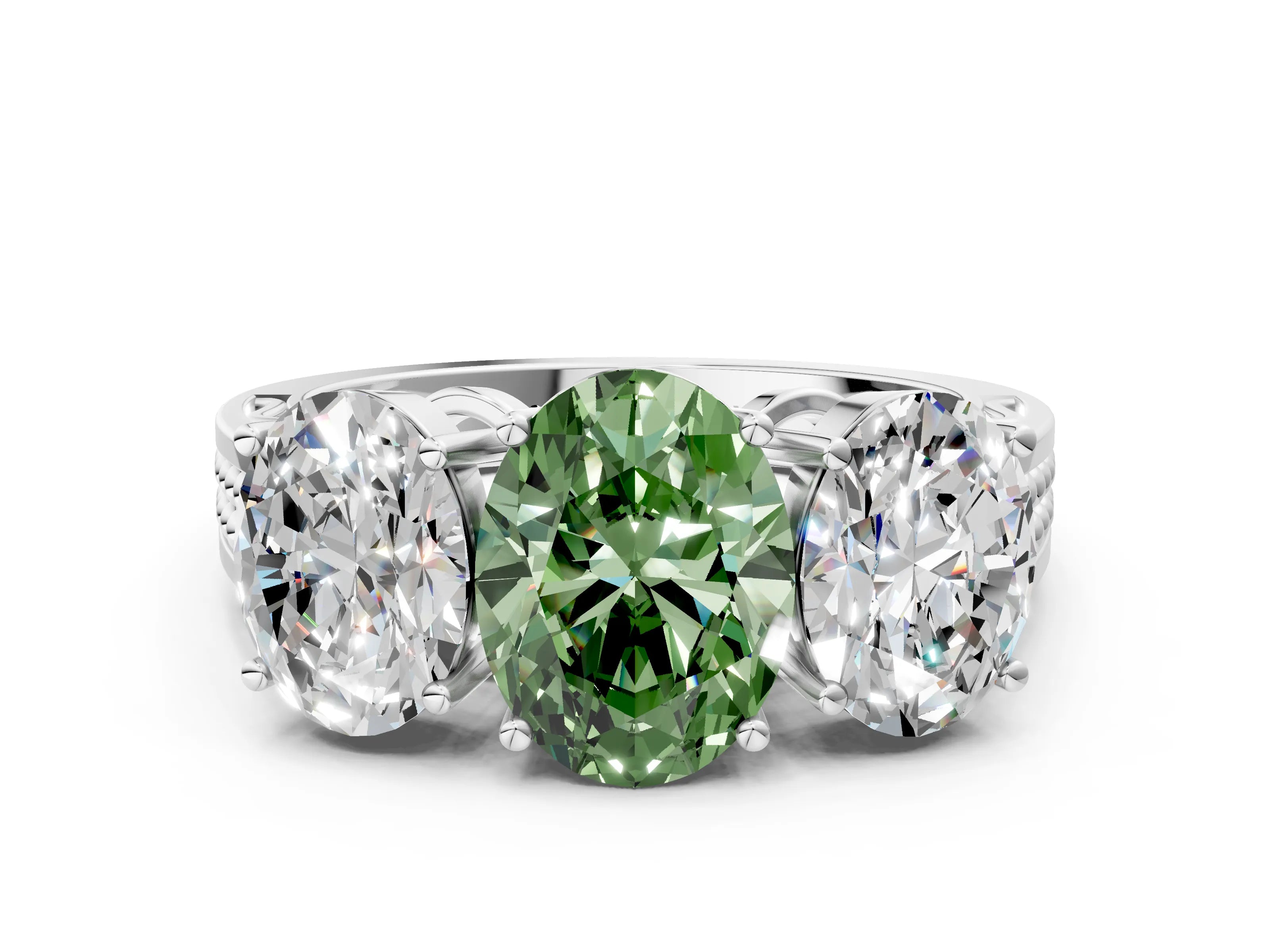 White gold Fancy Green Oval Cut Diamond Three-Stone Ring with Prong Setting and Textured Band_12