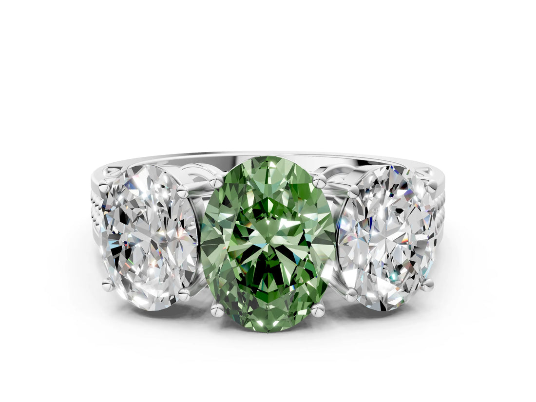 White gold Fancy Green Oval Cut Diamond Three-Stone Ring with Prong Setting and Textured Band_12