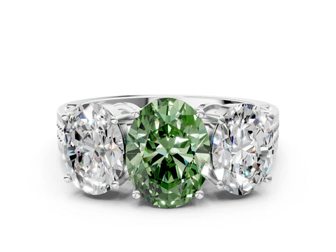 White gold Fancy Green Oval Cut Diamond Three-Stone Ring with Prong Setting and Textured Band_12