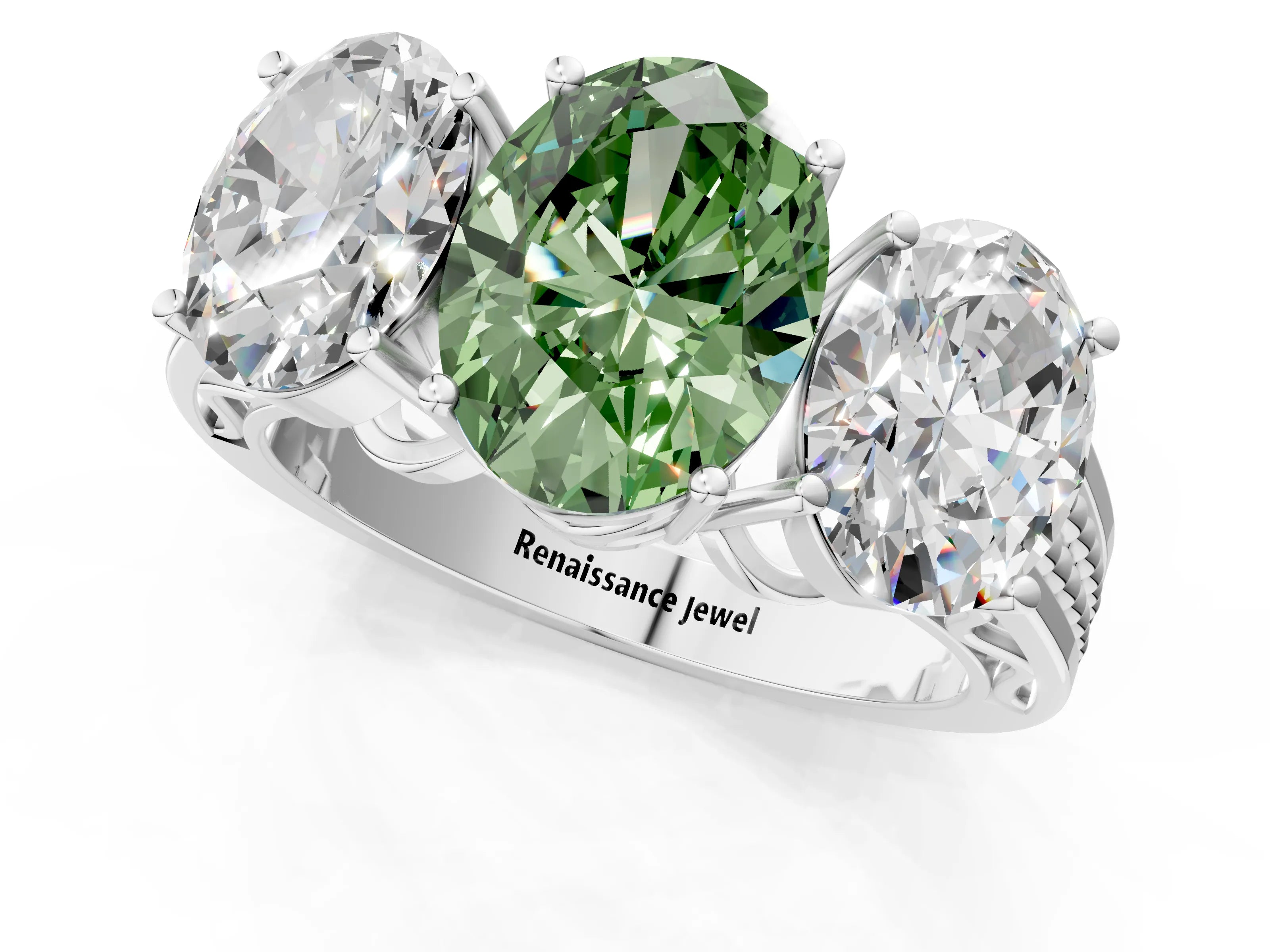 White gold Fancy Green Oval Cut Diamond Three-Stone Ring with Prong Setting and Textured Band_13