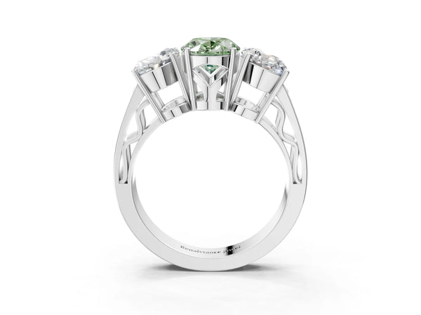 Platinum Fancy Green Oval Cut Diamond Three-Stone Ring with Prong Setting and Textured Band