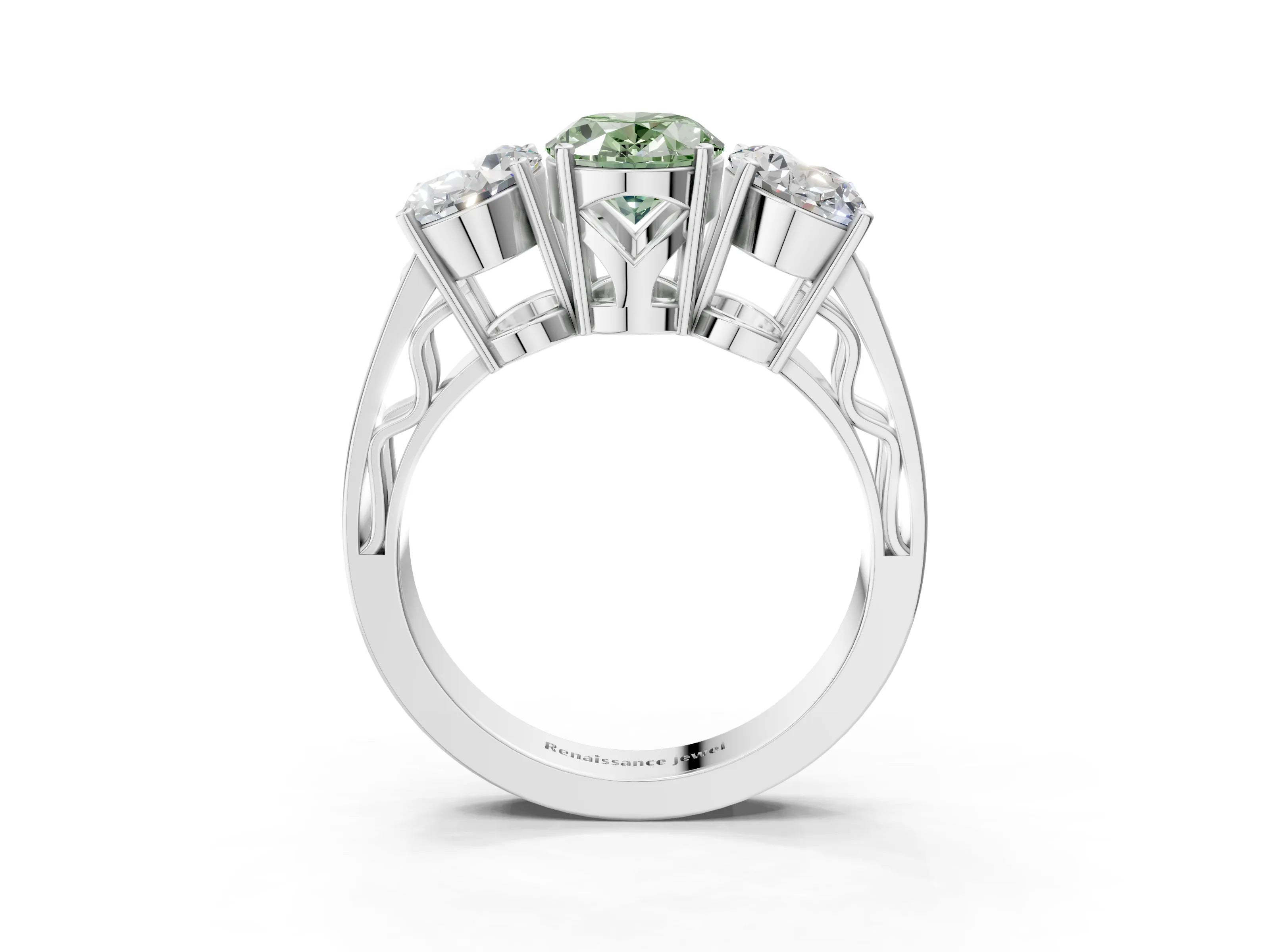 White gold Fancy Green Oval Cut Diamond Three-Stone Ring with Prong Setting and Textured Band_15