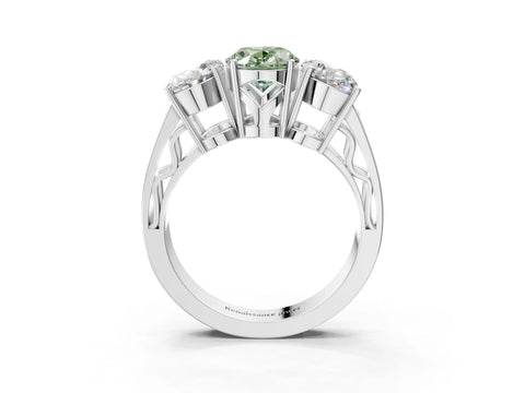 White gold Fancy Green Oval Cut Diamond Three-Stone Ring with Prong Setting and Textured Band_15