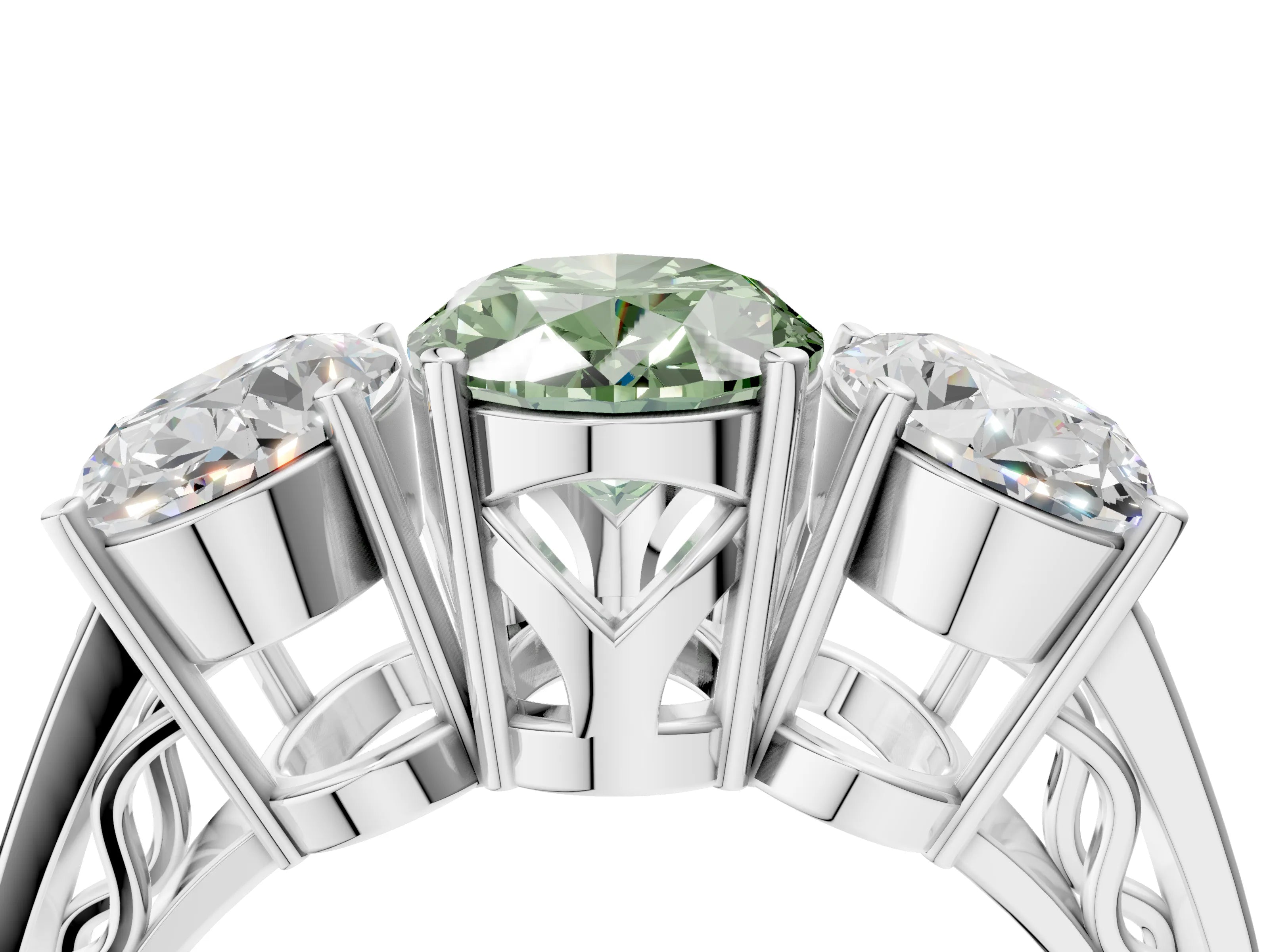 White gold Fancy Green Oval Cut Diamond Three-Stone Ring with Prong Setting and Textured Band_16