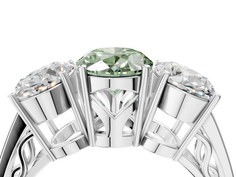 White gold Fancy Green Oval Cut Diamond Three-Stone Ring with Prong Setting and Textured Band_16