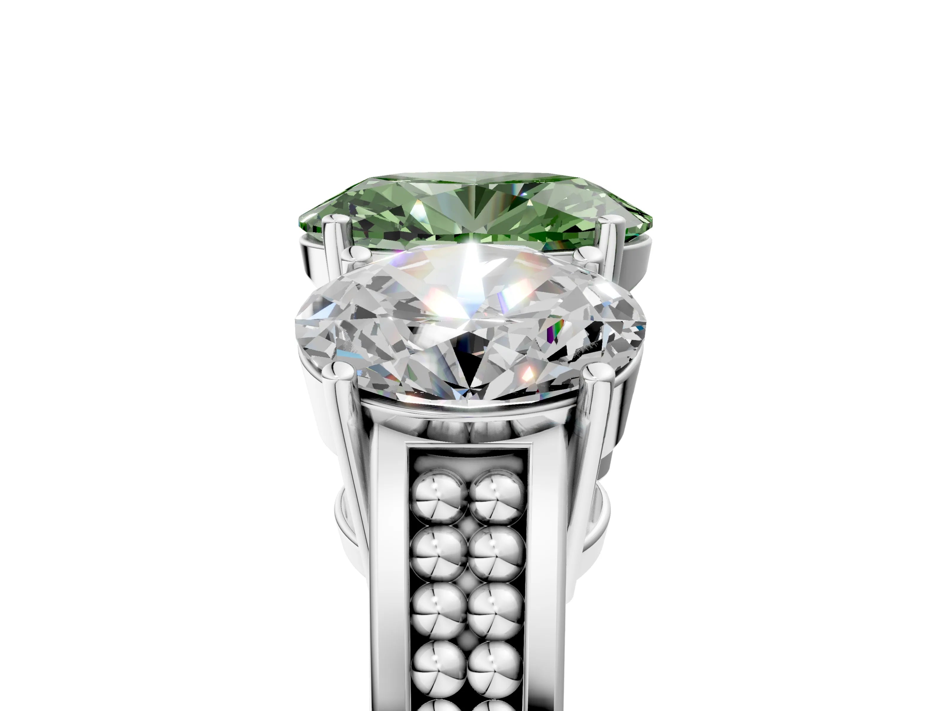 White gold Fancy Green Oval Cut Diamond Three-Stone Ring with Prong Setting and Textured Band_17