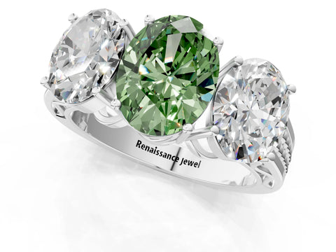 White gold Fancy Green Oval Cut Diamond Three-Stone Ring with Prong Setting and Textured Band_1