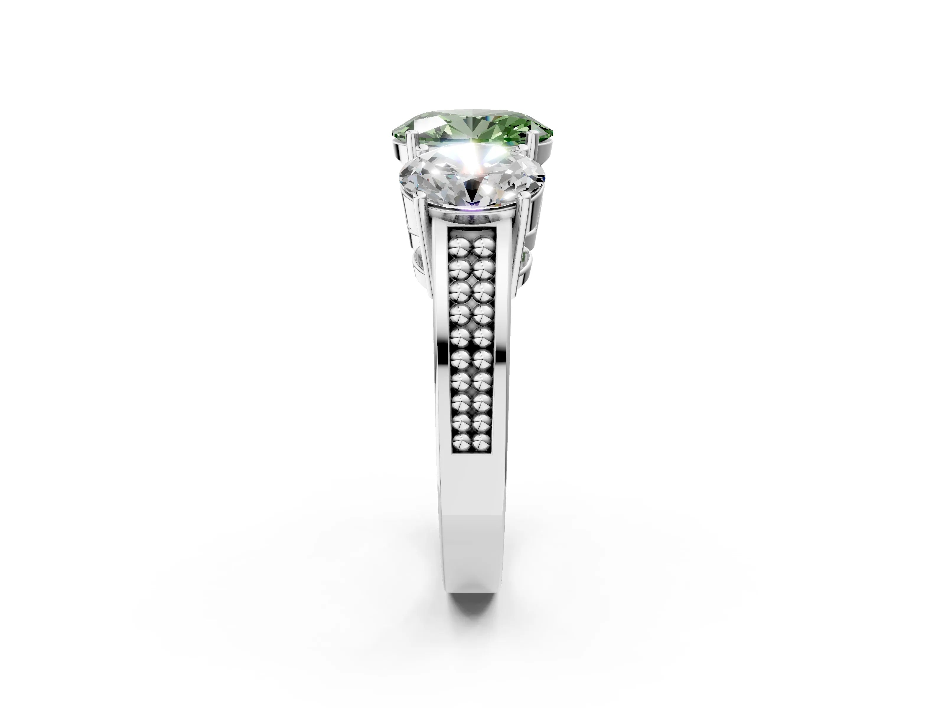 White gold Fancy Green Oval Cut Diamond Three-Stone Ring with Prong Setting and Textured Band_2