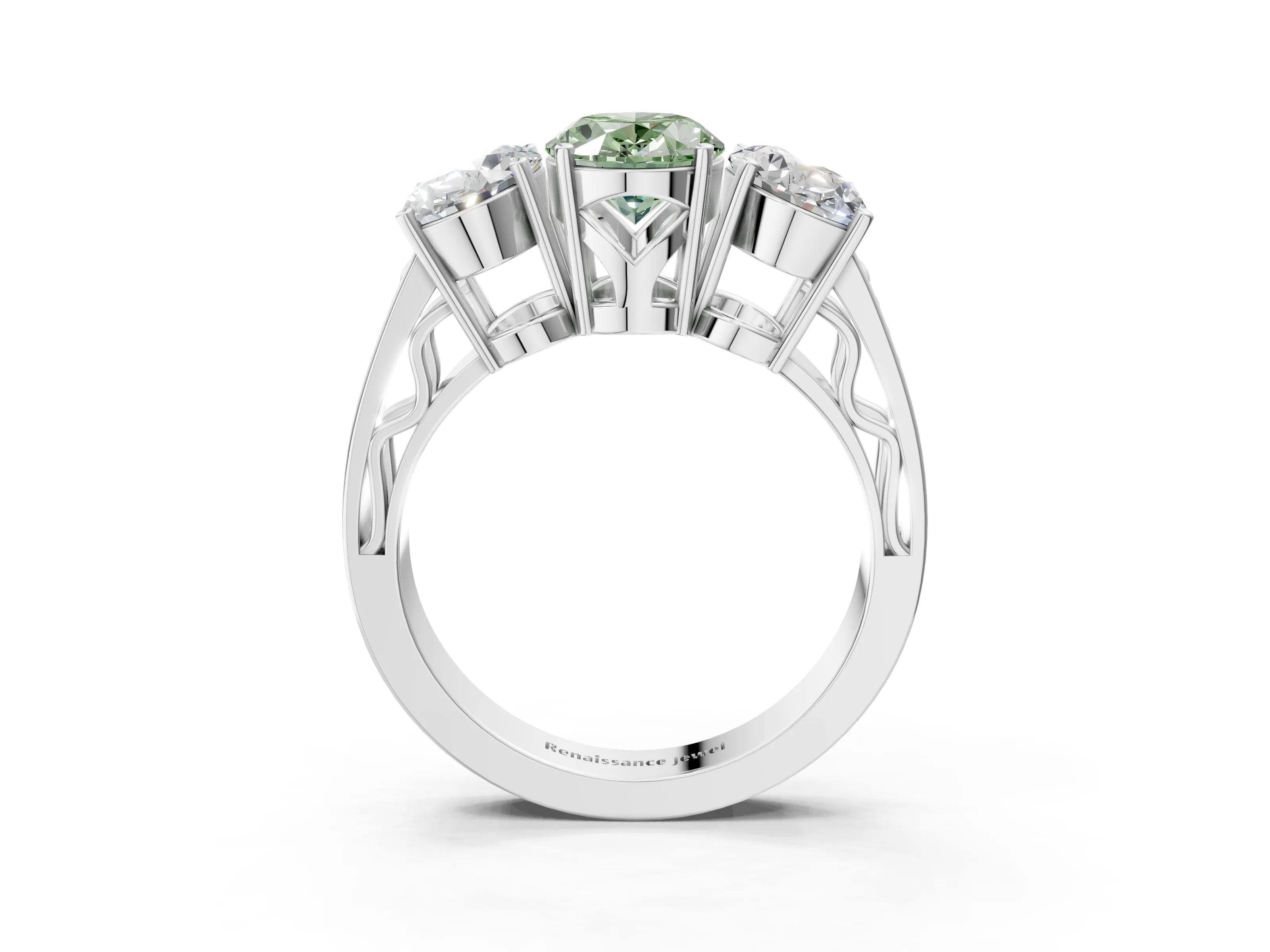 White gold Fancy Green Oval Cut Diamond Three-Stone Ring with Prong Setting and Textured Band_3