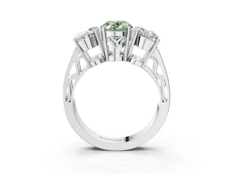 White gold Fancy Green Oval Cut Diamond Three-Stone Ring with Prong Setting and Textured Band_3