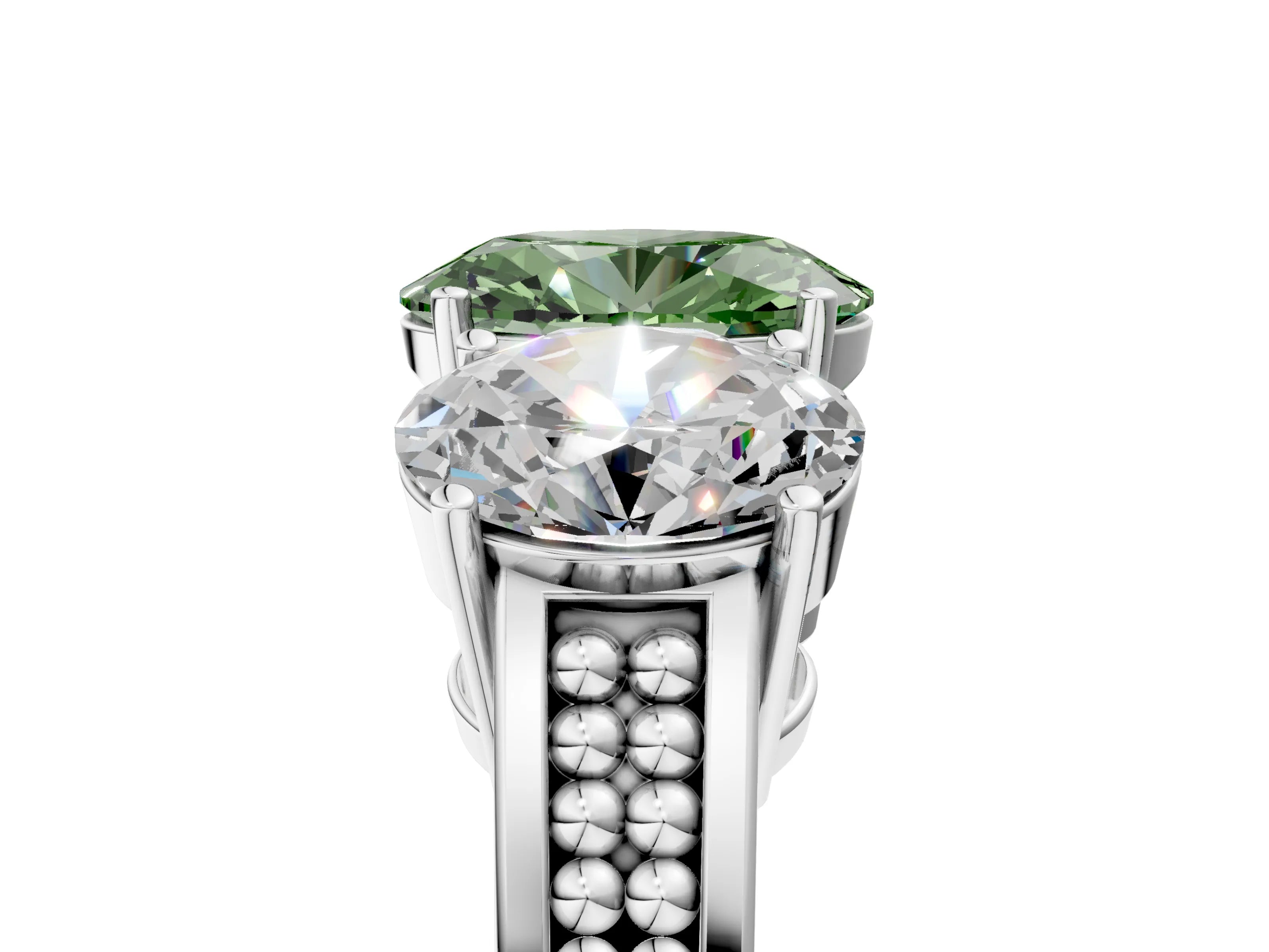 White gold Fancy Green Oval Cut Diamond Three-Stone Ring with Prong Setting and Textured Band_5
