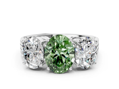 White gold Fancy Green Oval Cut Diamond Three-Stone Ring with Prong Setting and Textured Band