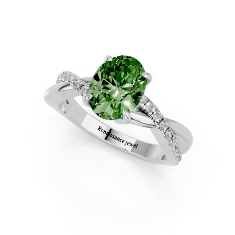 White gold Fancy Green Oval  Cut Diamond Twist Band Solitaire with Prong Setting_3