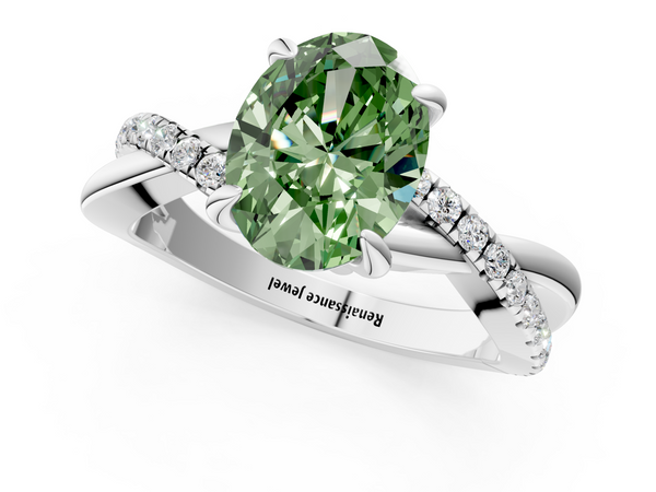 White gold Fancy Green Oval  Cut Diamond Twist Band Solitaire with Prong Setting