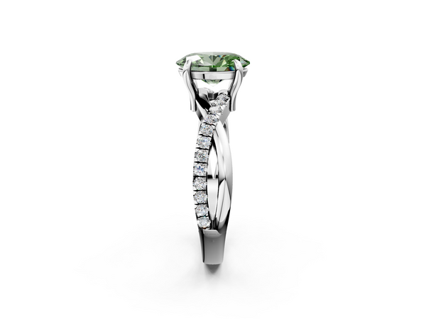 White gold Fancy Green Oval  Cut Diamond Twist Band Solitaire with Prong Setting