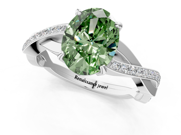 White gold Fancy Green Oval  Cut Diamond Twisted Band Engagement Ring with Prong Setting