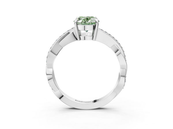 White gold Fancy Green Oval  Cut Diamond Twisted Band Engagement Ring with Prong Setting