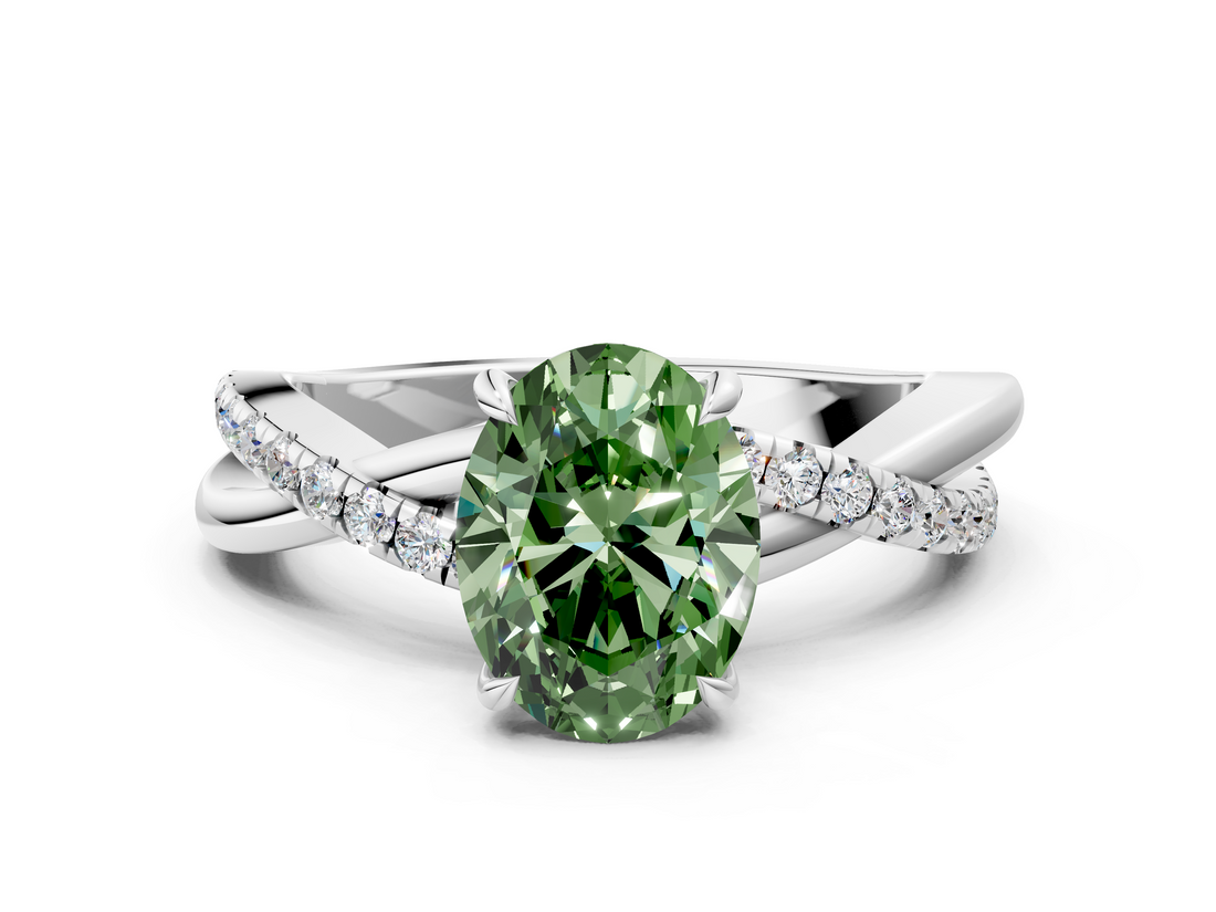White gold Fancy Green Oval  Cut Diamond Twisted Band with Pavé Setting and Four-Prong Setting_20