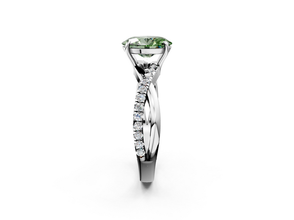 Platinum Fancy Green Oval  Cut Diamond Twisted Band with Pavé Setting and Four-Prong Setting