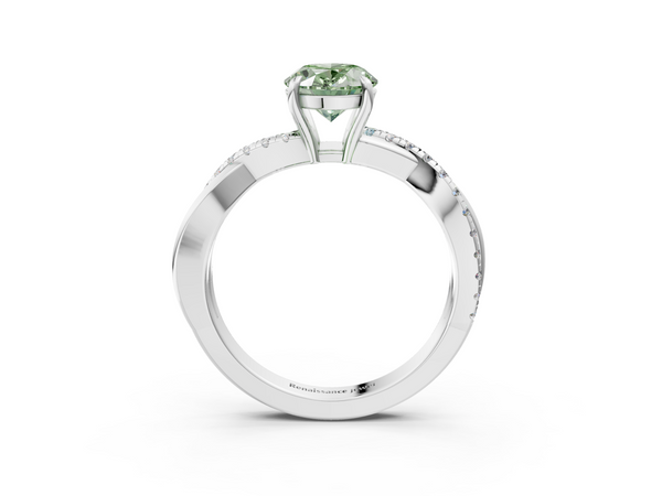 Platinum Fancy Green Oval  Cut Diamond Twisted Band with Pavé Setting and Four-Prong Setting