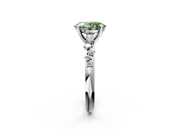 Platinum Fancy Green Oval  Cut Diamond Vine Band with Four-Prong Setting