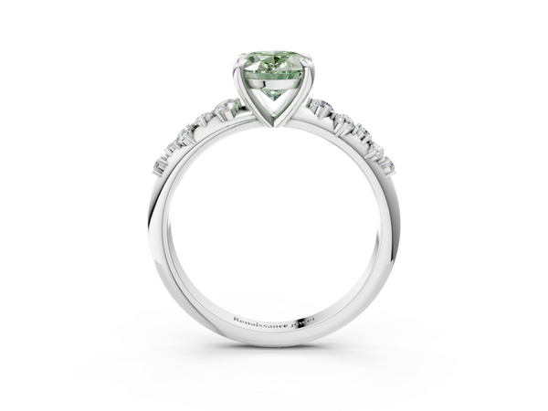 Platinum Fancy Green Oval  Cut Diamond Vine Band with Four-Prong Setting