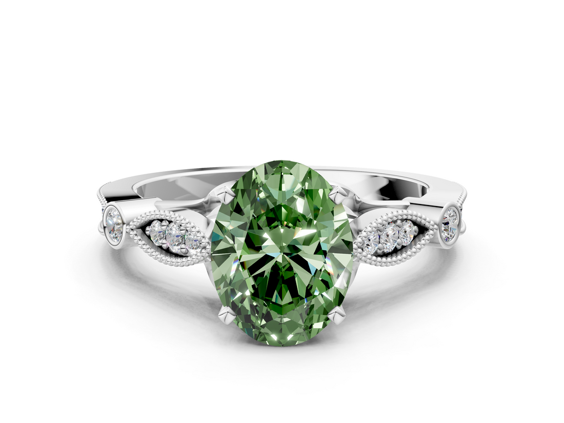 White gold Fancy Green Oval  Cut Diamond with Milgrain Marquise and Bezel Accents on a Solitaire Band with Prong Setting_299