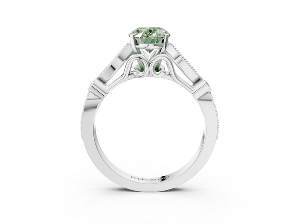 Platinum Fancy Green Oval  Cut Diamond with Milgrain Marquise and Bezel Accents on a Solitaire Band with Prong Setting