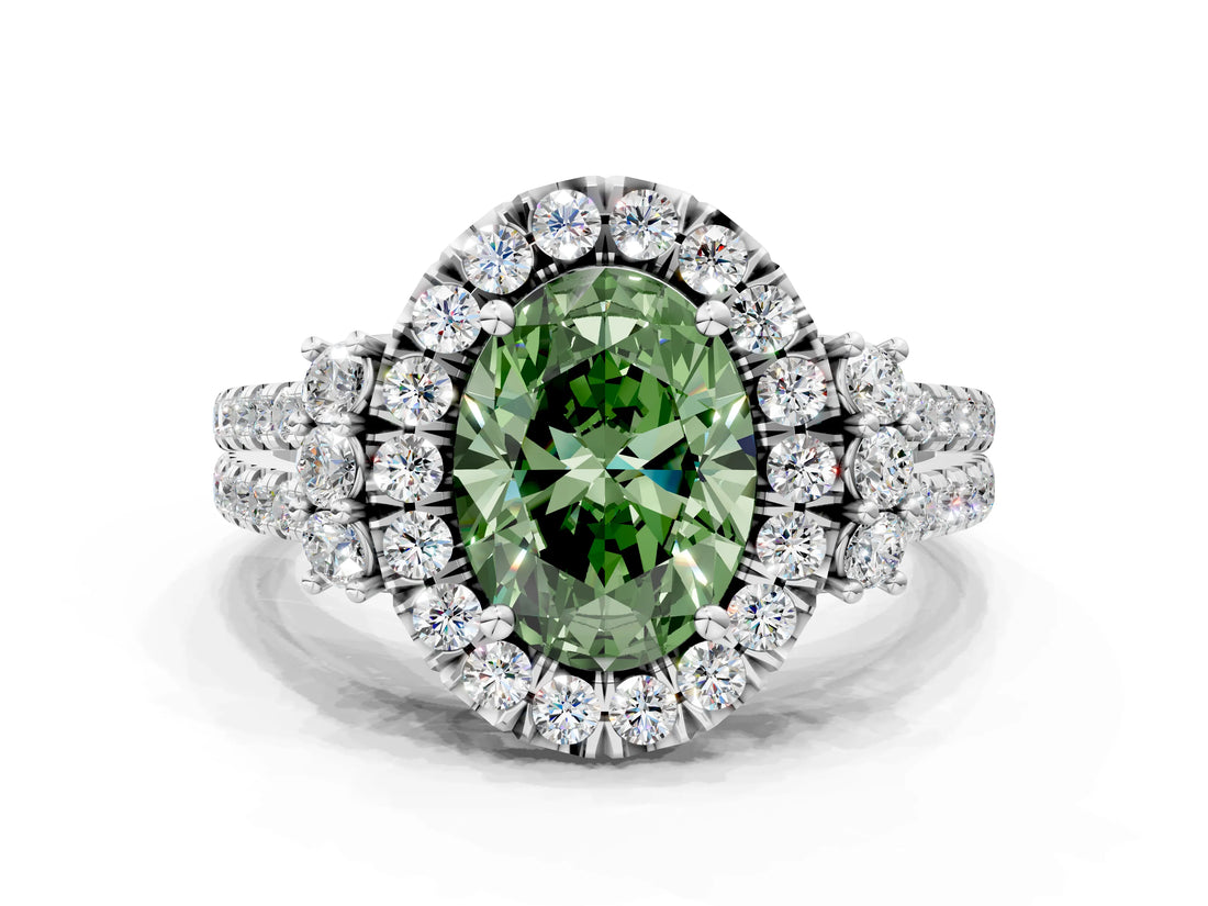 White gold Fancy Green Oval  Cut Double Halo Diamond Engagement Ring with Pave Band and Four-Prong Setting_55