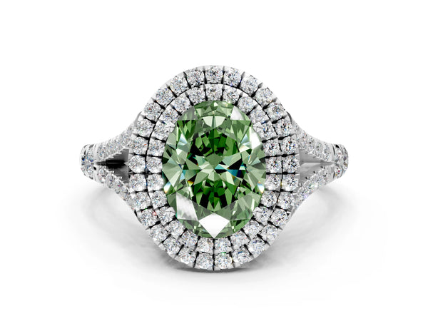 White gold Fancy Green Oval  Cut Double Halo Split Shank Diamond Ring with Prong Setting