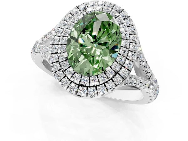 White gold Fancy Green Oval  Cut Double Halo Split Shank Diamond Ring with Prong Setting