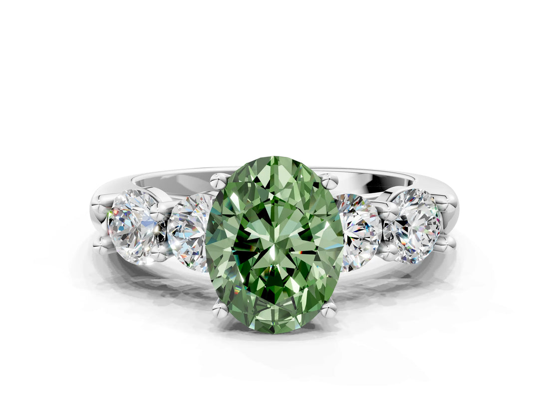 White gold Fancy Green Oval  Cut Five-Stone Prong Set Diamond Ring with Classic Band_32