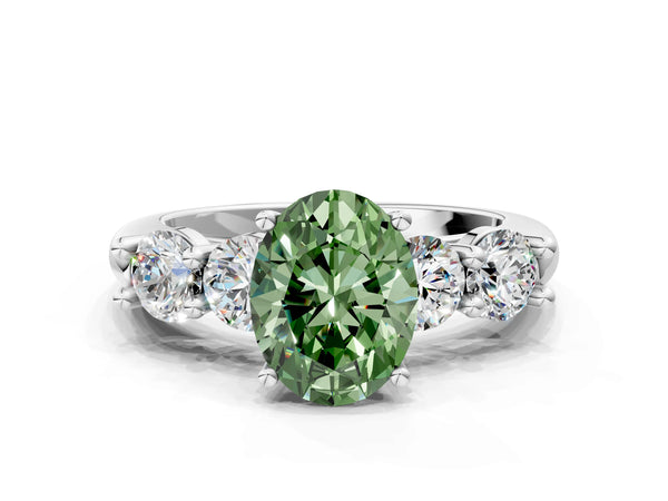 White gold Fancy Green Oval  Cut Five-Stone Prong Set Diamond Ring with Classic Band