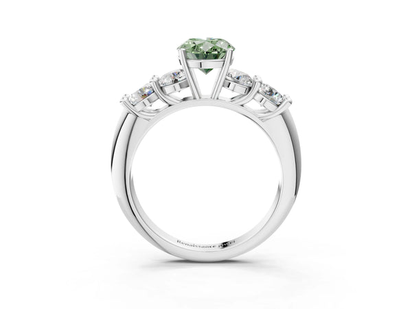 White gold Fancy Green Oval  Cut Five-Stone Prong Set Diamond Ring with Classic Band