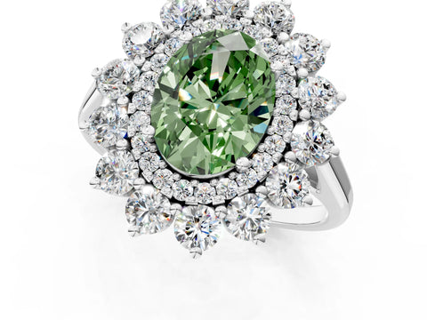White gold Fancy Green Oval Cut Halo Cluster Diamond Ring with Pave Band and Four-Prong Setting_13
