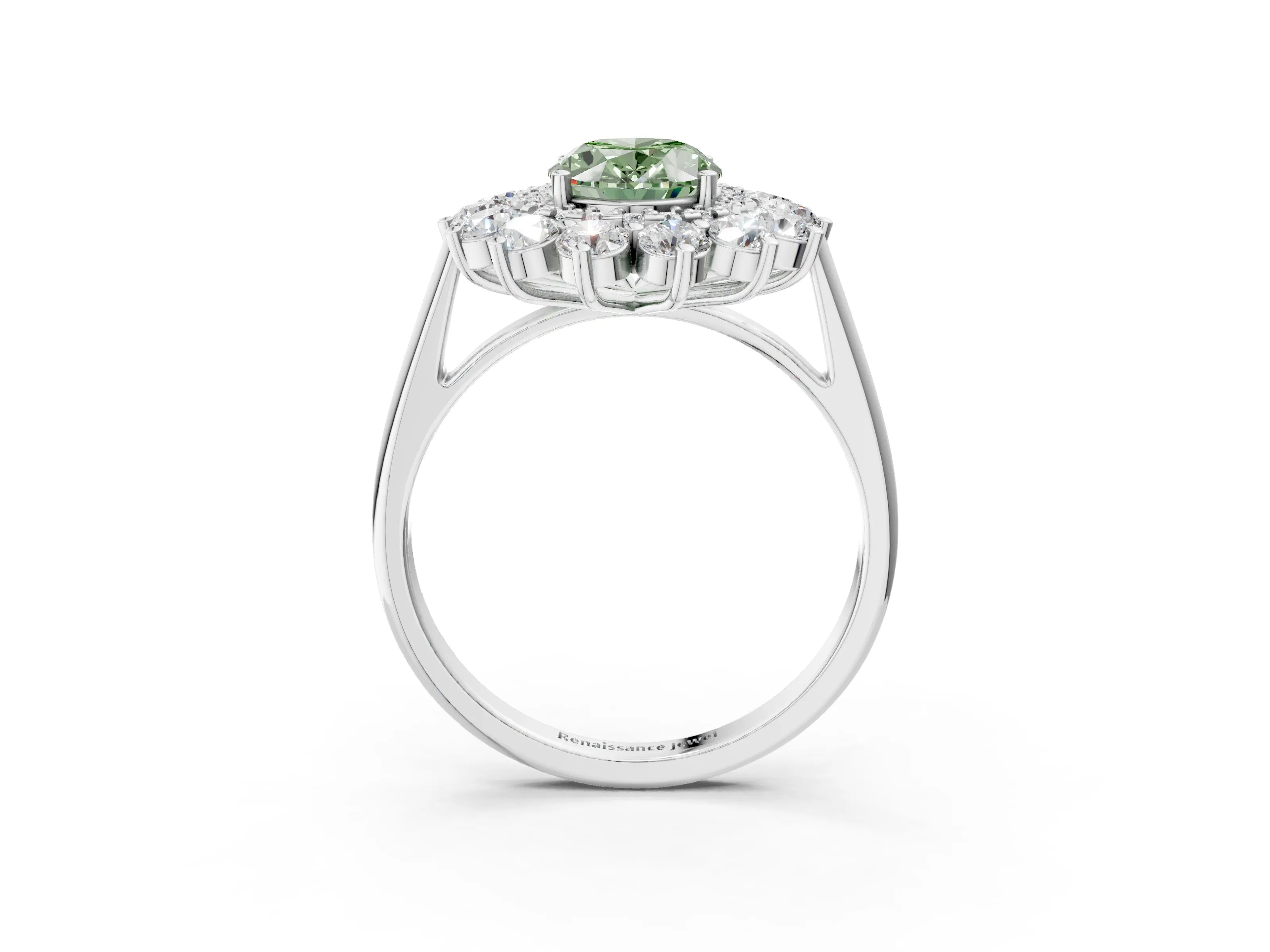 White gold Fancy Green Oval Cut Halo Cluster Diamond Ring with Pave Band and Four-Prong Setting_15