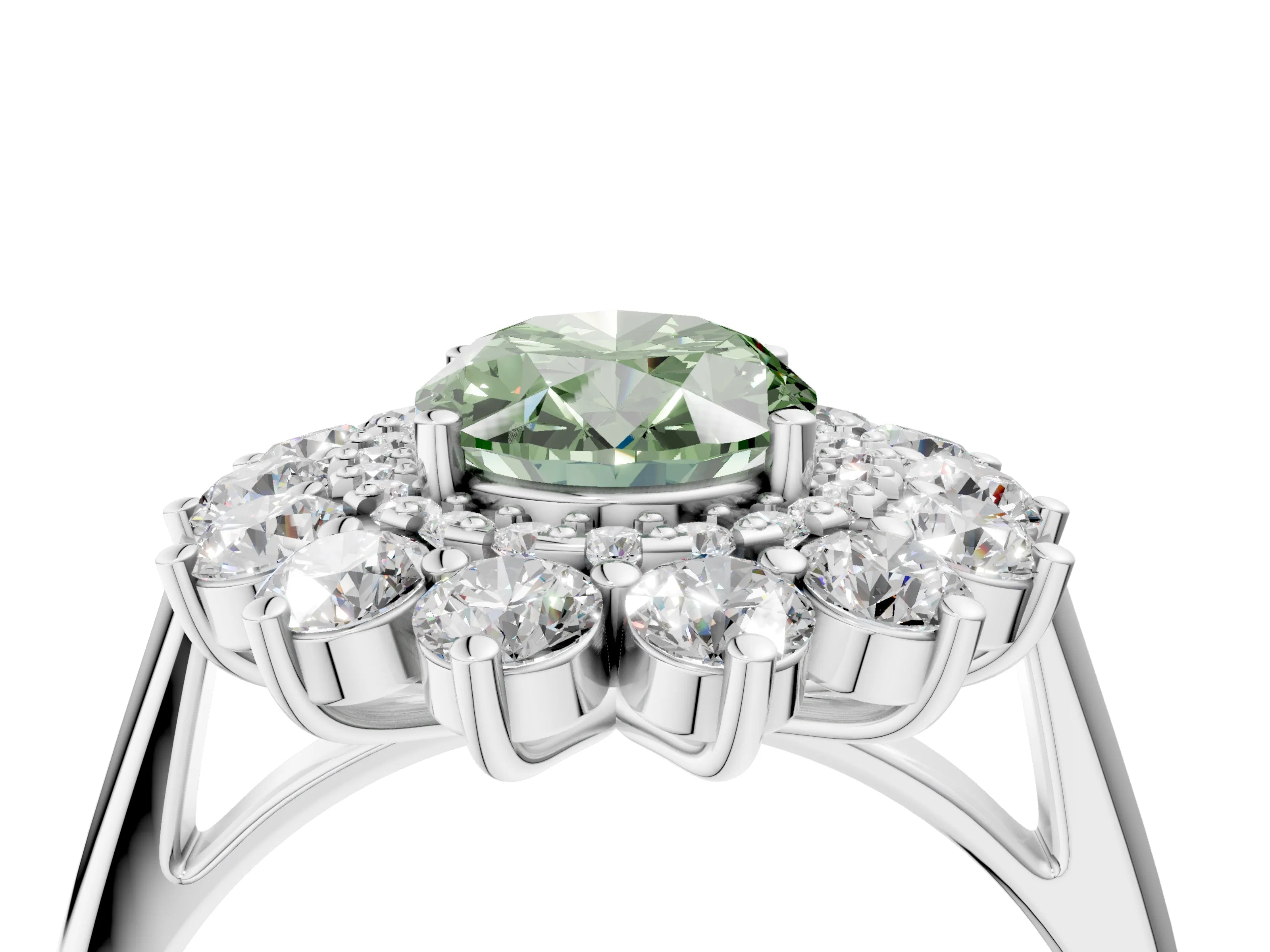 White gold Fancy Green Oval Cut Halo Cluster Diamond Ring with Pave Band and Four-Prong Setting_16