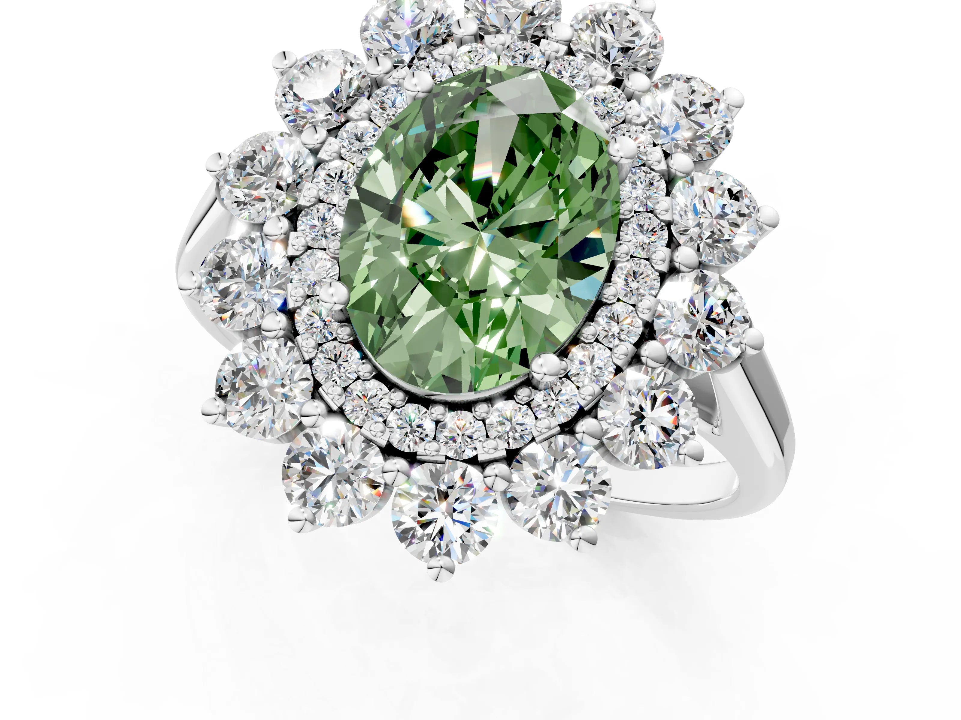 White gold Fancy Green Oval Cut Halo Cluster Diamond Ring with Pave Band and Four-Prong Setting_1