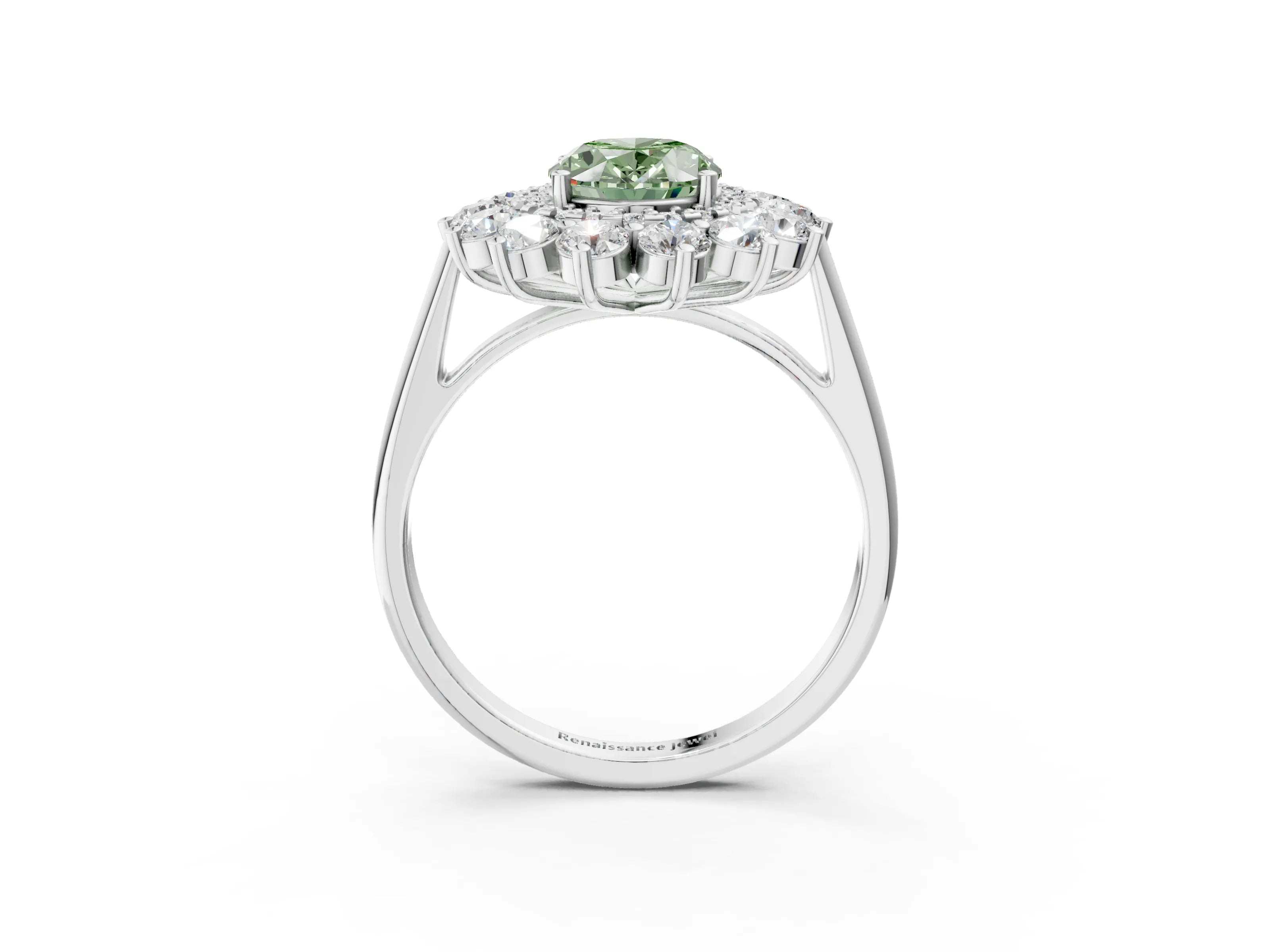 White gold Fancy Green Oval Cut Halo Cluster Diamond Ring with Pave Band and Four-Prong Setting_3