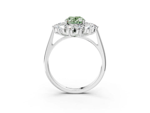 White gold Fancy Green Oval Cut Halo Cluster Diamond Ring with Pave Band and Four-Prong Setting_3