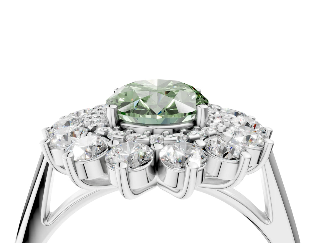 White gold Fancy Green Oval Cut Halo Cluster Diamond Ring with Pave Band and Four-Prong Setting_4