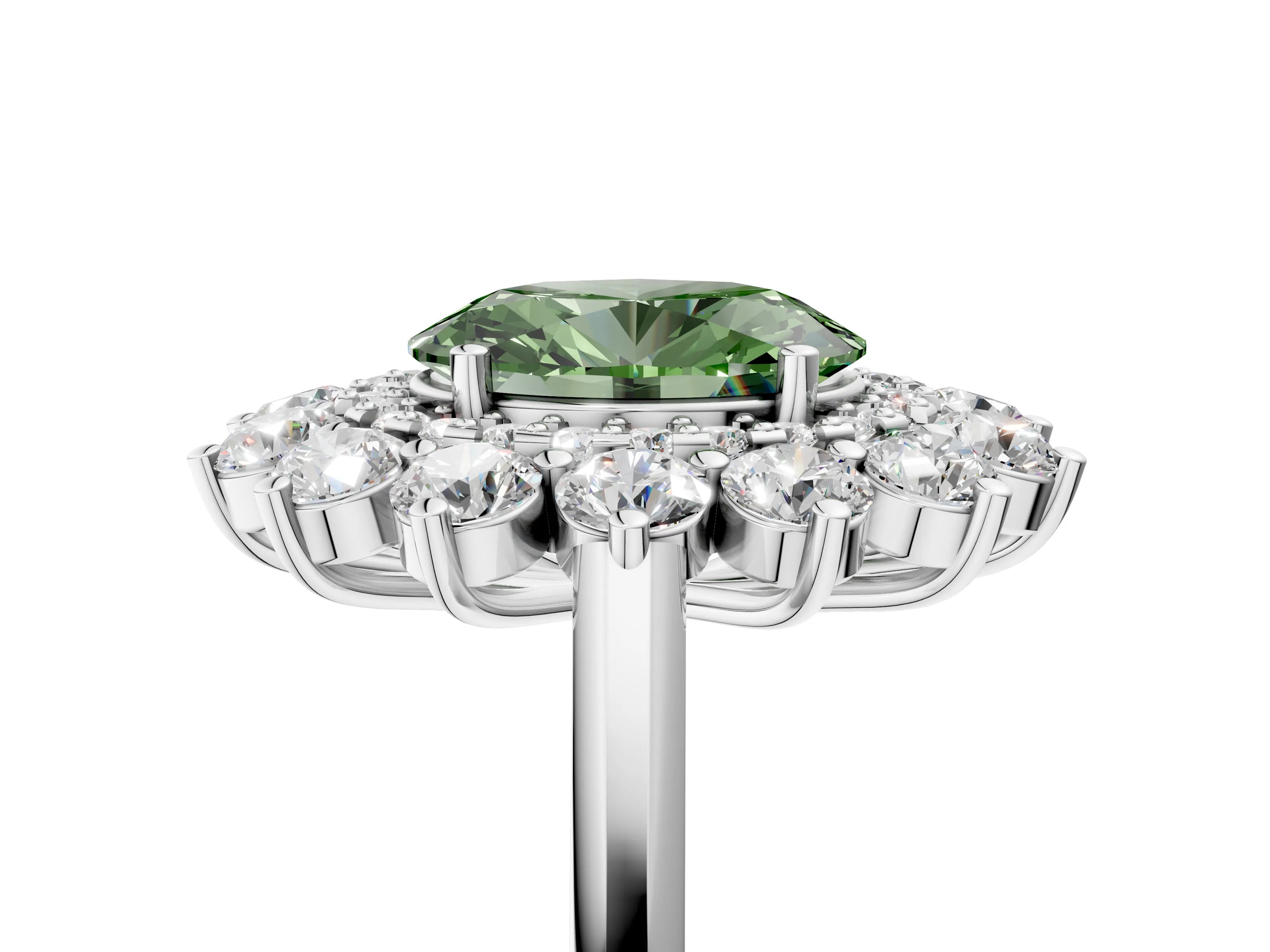 White gold Fancy Green Oval Cut Halo Cluster Diamond Ring with Pave Band and Four-Prong Setting_5