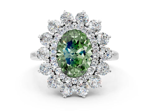 White gold Fancy Green Oval Cut Halo Cluster Diamond Ring with Pave Band and Four-Prong Setting